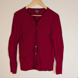 Classic cranberry red cardigan by Eddie Bauer. Features a soft knit